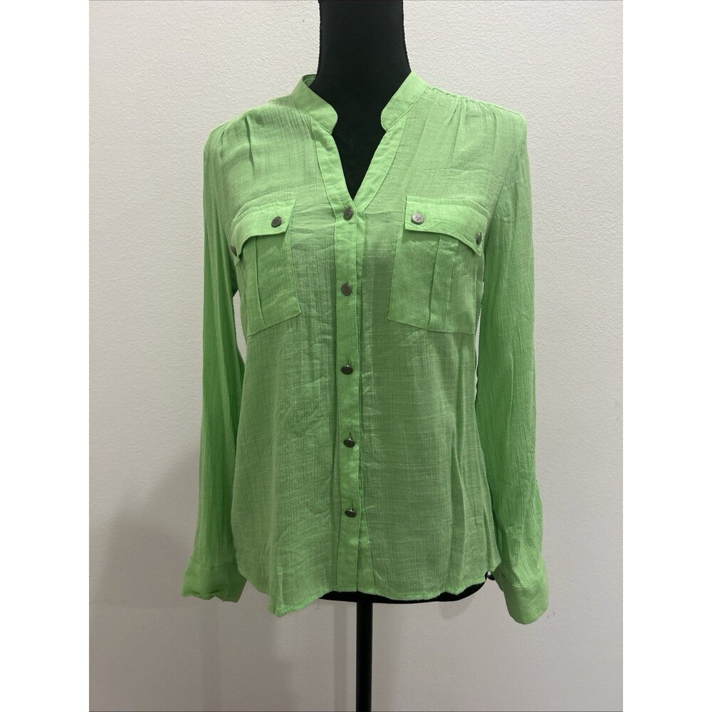 NOTATIONS Womens Petite Sz PL Blouse Green Roll-tab Long Sleeves V Neck Buttons
